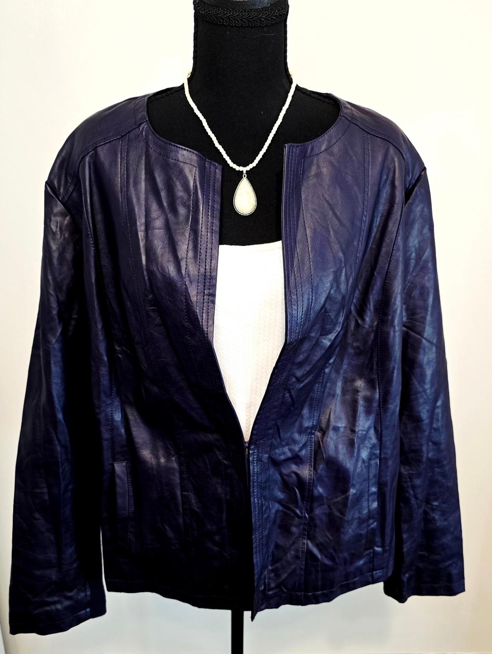 Chico’s Purple Faux Leather Jacket Size 3 X Large Open Front Stretch Panel